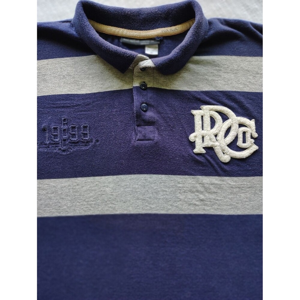 Vintage Rocawear 4X Polo Navy/Gray Striped Polo Raised Logo Rugby Nautical Y2K